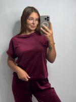 Комплект трійка з плюшевого велюру бордовий