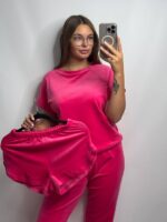 Комплект трійка з плюшевого велюру малиновий