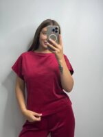 Комплект трійка з плюшевого велюру вишневий - Зображення 7