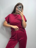 Комплект трійка з плюшевого велюру вишневий - Зображення 6