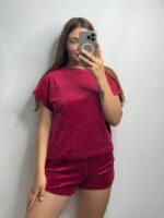 Комплект трійка з плюшевого велюру вишневий - Зображення 3