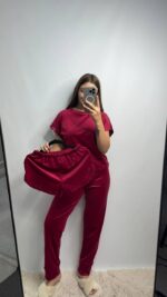 Комплект трійка з плюшевого велюру вишневий