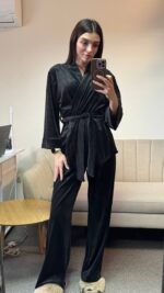 Вишуканий домашній костюм на запах чорний - Зображення 6