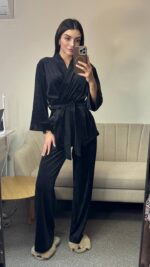 Вишуканий домашній костюм на запах чорний - Зображення 3