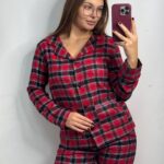 Домашній костюм з 100% котону вишневий в клітинку