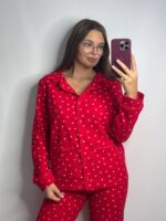 Домашній костюм у тканині фланель в червоний в сердечко