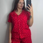 Піжама сорочка і шорти у тканині фланель червоний в сердечко