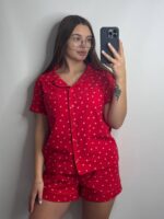 Піжама сорочка і шорти у тканині фланель червоний в сердечко
