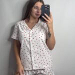 Піжама сорочка і шорти у тканині фланель червоні сердечка білий кант