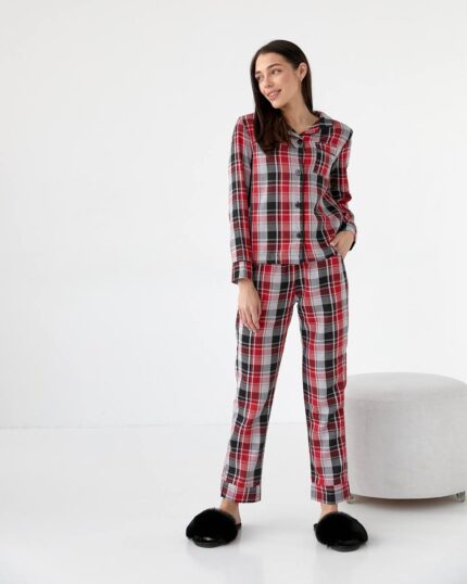 Домашній костюм у трендовий клітчастий принт червоний с сірим чорний кант - Зображення 5