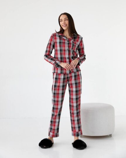Домашній костюм у трендовий клітчастий принт червоний с сірим чорний кант - Зображення 4