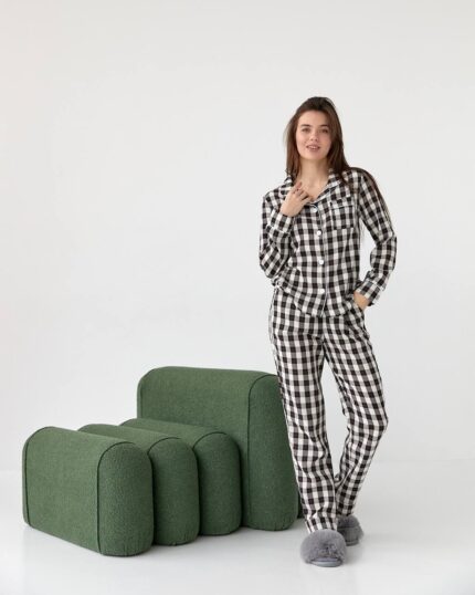 Домашній костюм у трендовий клітчастий принт молочно - чорна білий кант - Зображення 4