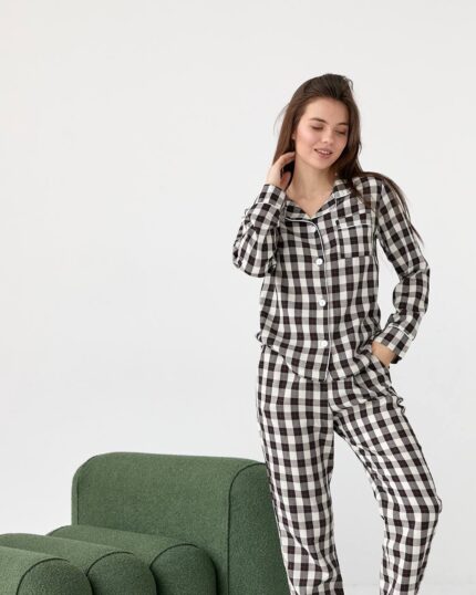 Домашній костюм у трендовий клітчастий принт молочно - чорна білий кант - Зображення 3