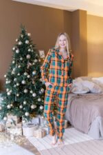 Домашній костюм у трендовий клітчастий принт помаранчево-зелений - Зображення 6