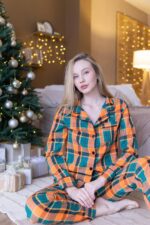 Домашній костюм у трендовий клітчастий принт помаранчево-зелений - Зображення 3