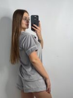 Домашній велюровий костюм сорочка на ґудзиках і шорти срібло білий кант - Зображення 3