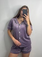 Домашній велюровий костюм сорочка на ґудзиках і шорти ліловий білий кант - Зображення 6