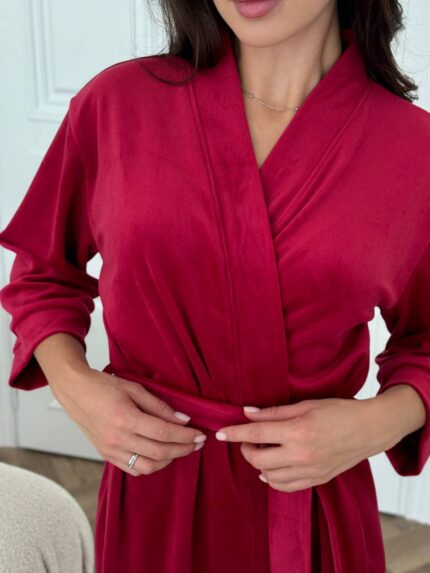 Довгий халат з поясом  вишневий - Зображення 4