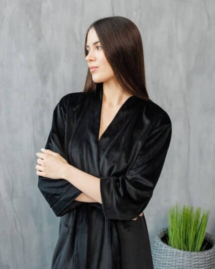 Довгий халат з поясом чорний - Зображення 3