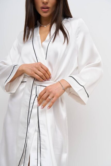 Стильний шовковий халат айворі чорний кант - Зображення 4