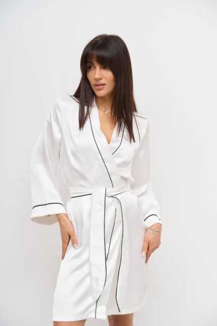 Стильний шовковий халат айворі чорний кант - Зображення 3