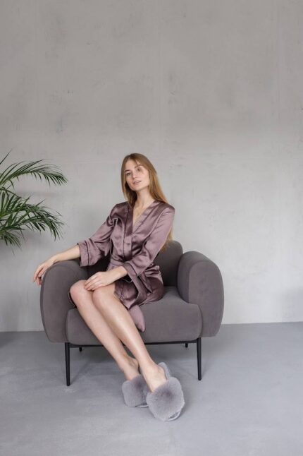 Стильний шовковий халат мокко чорний кант - Зображення 3