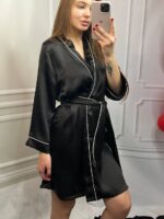 Стильний шовковий халат чорний білий кант