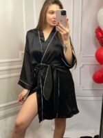 Стильний шовковий халат чорний білий кант - Зображення 4