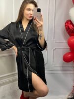 Стильний шовковий халат чорний білий кант - Зображення 3