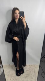 Довгий шовковий халат чорний - Зображення 2