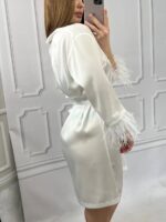 Шовковий халат з пір'ям на рукавах айворі - Зображення 7