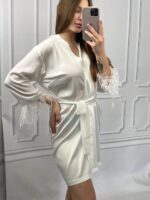 Шовковий халат з пір'ям на рукавах айворі - Зображення 4