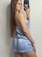 Шовкова піжама майка і шорти блакитний - Зображення 2