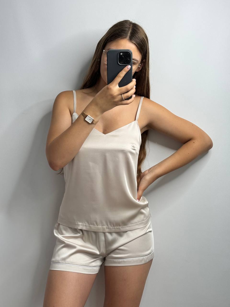 photo_2026-01-22_15-37-10 Шовкова піжама майка і шорти бежевий - Зображення 1