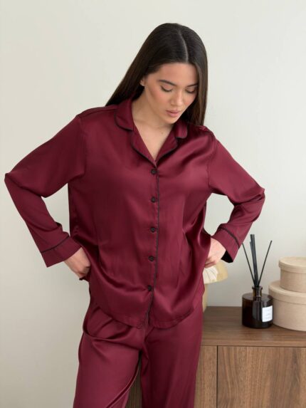 Оновлений шовк трійка довгий рукав бордовий чорний кант - Зображення 10