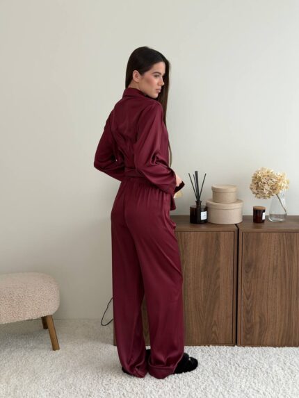 Оновлений шовк трійка довгий рукав бордовий чорний кант - Зображення 7