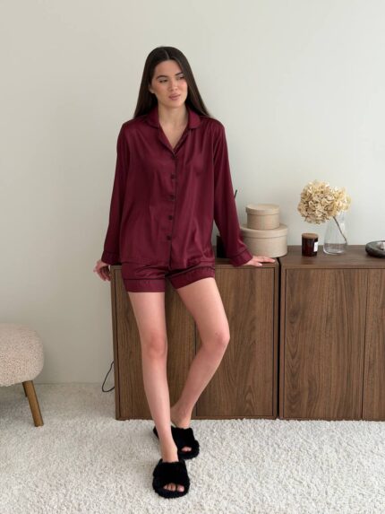 Оновлений шовк трійка довгий рукав бордовий чорний кант - Зображення 6