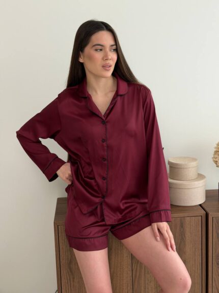 Оновлений шовк трійка довгий рукав бордовий чорний кант - Зображення 4