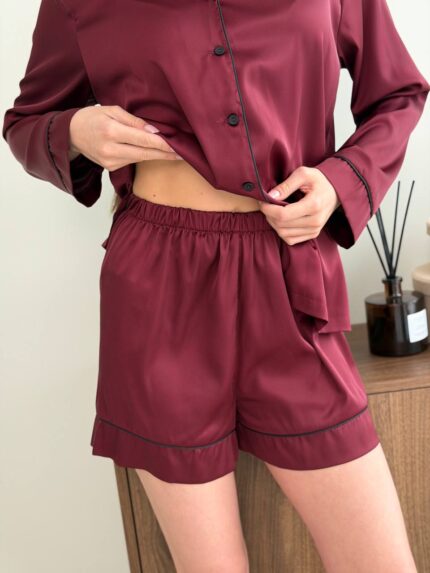 Оновлений шовк трійка довгий рукав бордовий чорний кант - Зображення 3